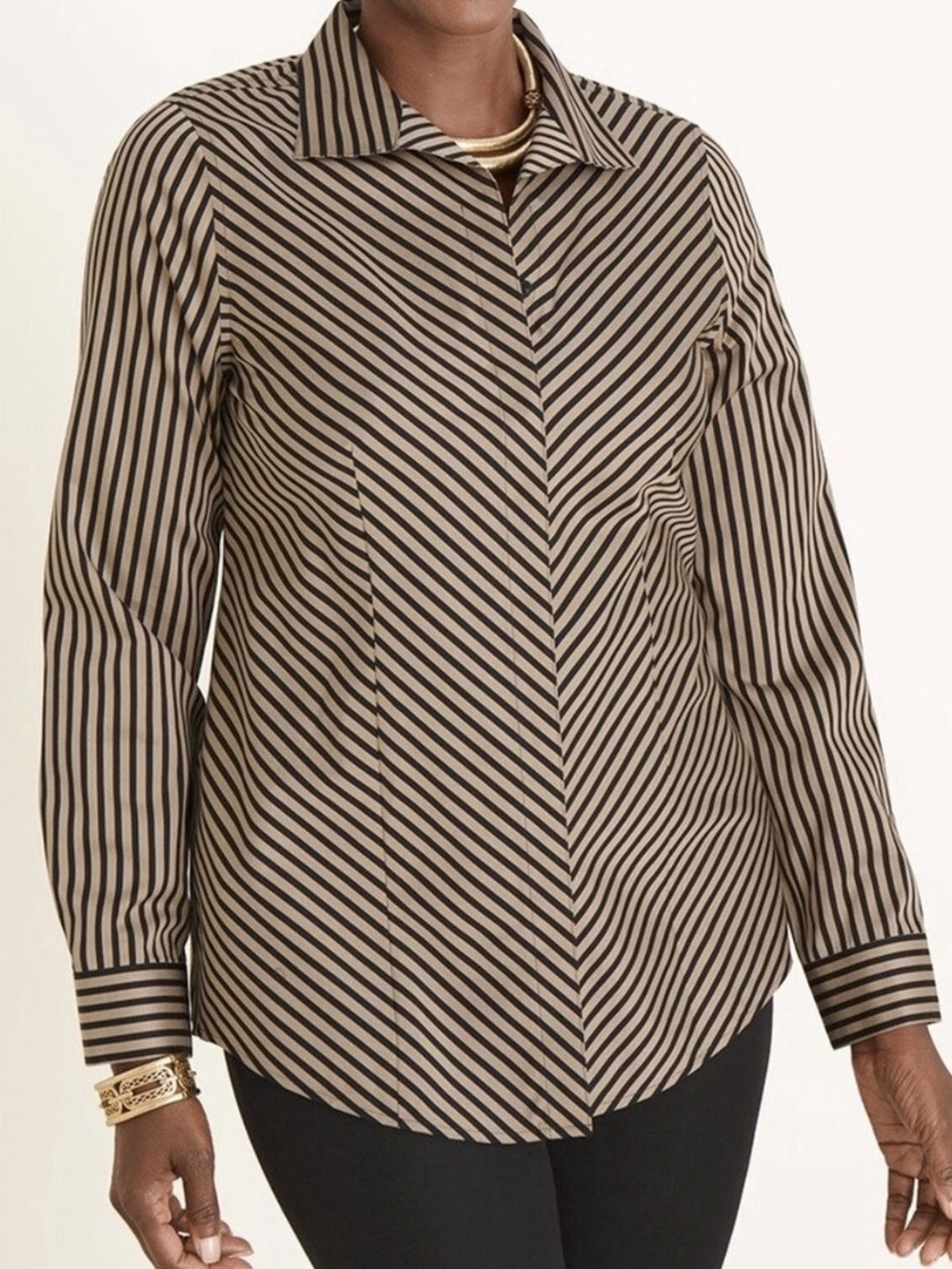 Chico’s No Iron Sateen Vertical Stripe Black/Champagne Beige Button Down Shirt
